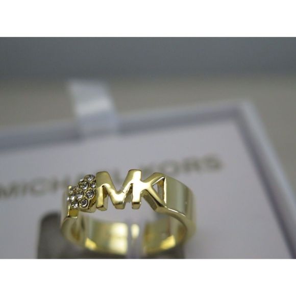 Michael Kors MKJX7978710 Size 7 Gold Tone Pavé Crystals Heart w/MK Logo Ring - Picture 3 of 11